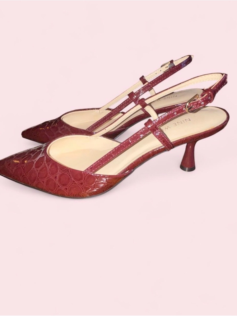 Nine West Burgundy Croc-Embossed Slingback Kitten Heels